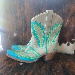 FRYE BILLY SHORTIE COWBOY BOOTS TAN TURQUOISE SIZE 6
